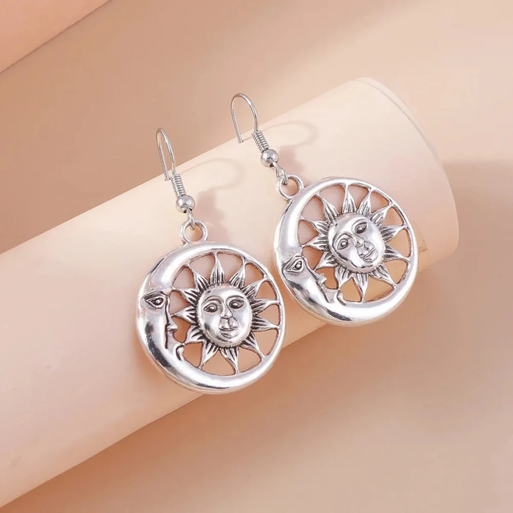 Silver Sun/Moon Face Boho Drop Earrings